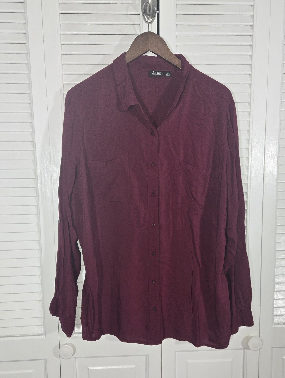 Ana Burgundy Long Sleeve Button Up Dual Front Flap Pockets Blouse Sz 3XL